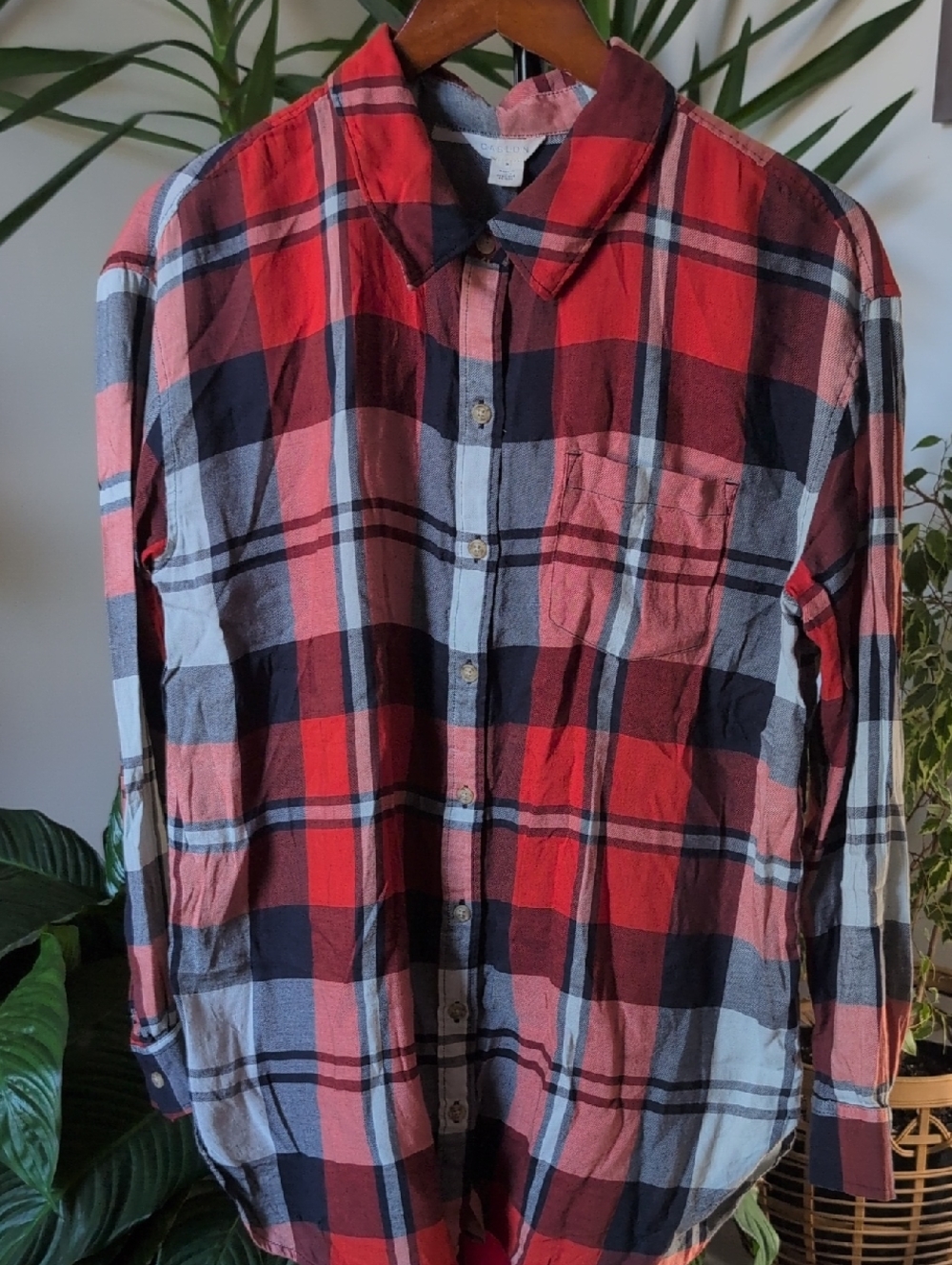 Caslon Red-Orange & Navy Blue Plaid Button-Down Tunic - Auburn colors